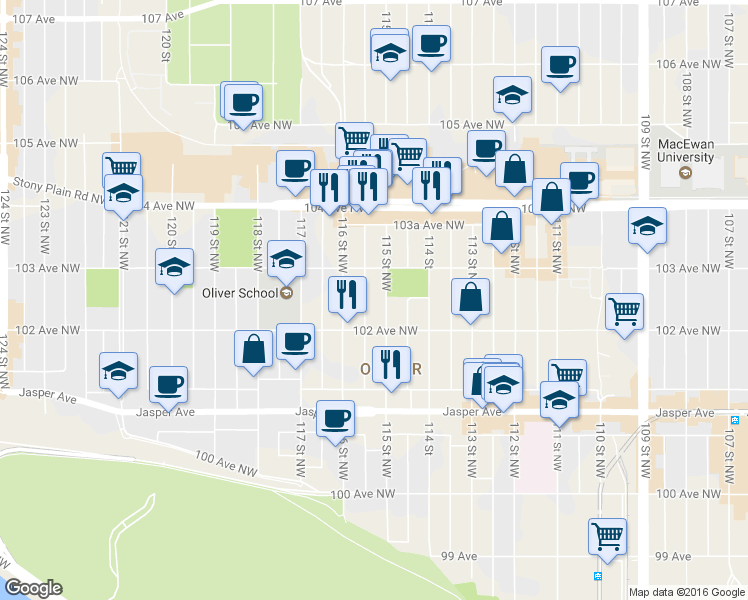 map of restaurants, bars, coffee shops, grocery stores, and more near 10250 115 Street Northwest in Edmonton