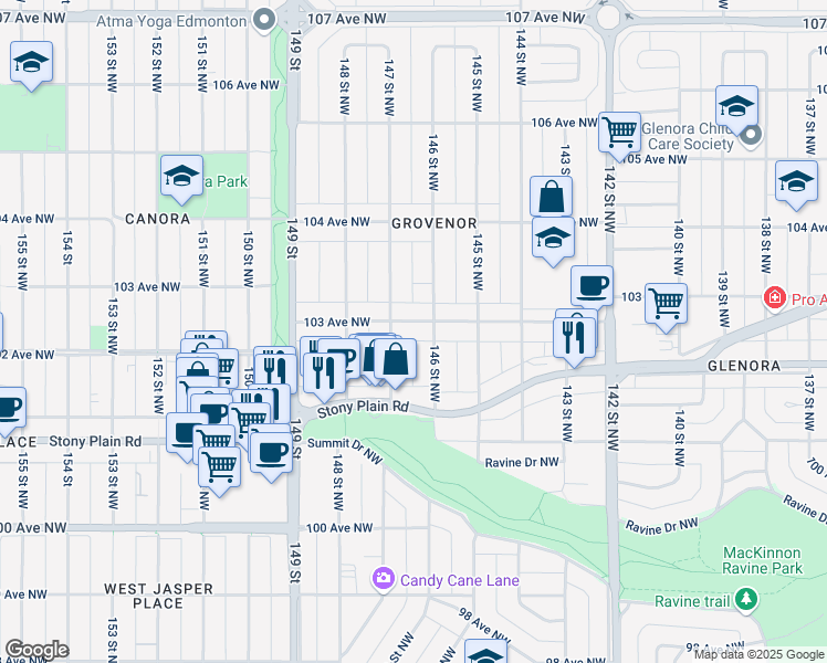 map of restaurants, bars, coffee shops, grocery stores, and more near 14631 103 Avenue Northwest in Edmonton