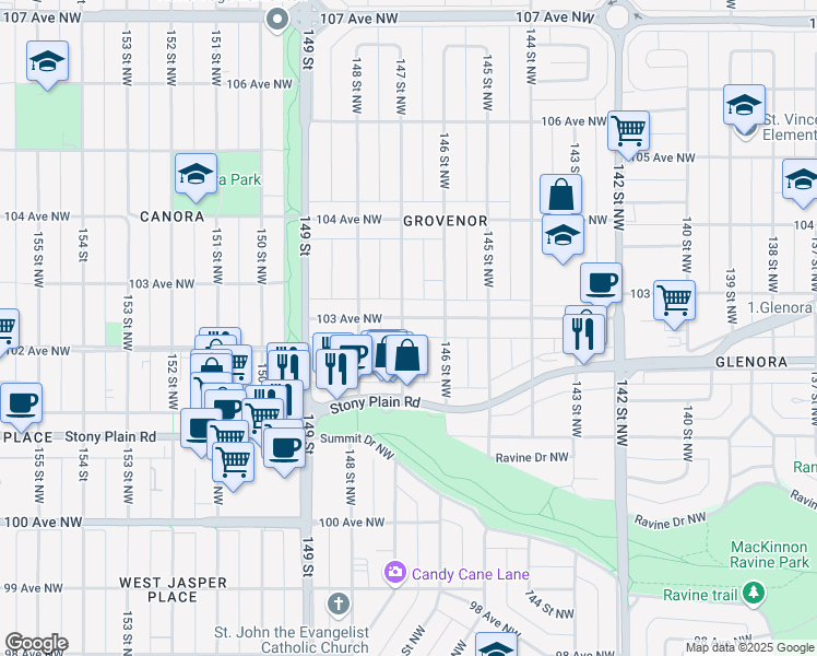 map of restaurants, bars, coffee shops, grocery stores, and more near 14631 103 Avenue Northwest in Edmonton