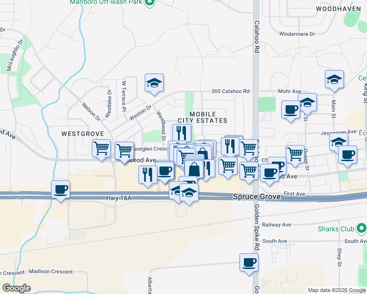 map of restaurants, bars, coffee shops, grocery stores, and more near 46 Westglen Crescent in Spruce Grove
