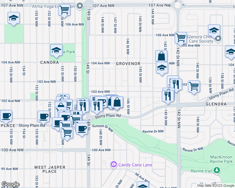 map of restaurants, bars, coffee shops, grocery stores, and more near 14631 103 Avenue Northwest in Edmonton