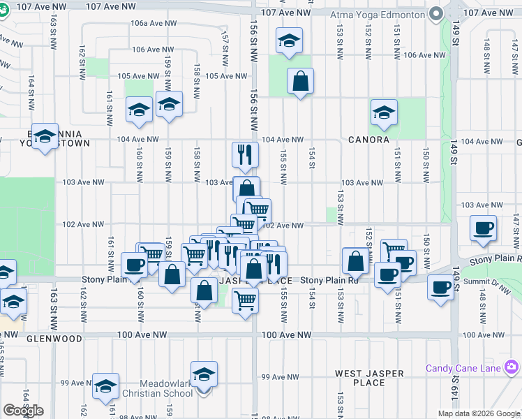 map of restaurants, bars, coffee shops, grocery stores, and more near 10211 156 Street Northwest in Edmonton
