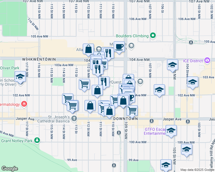 map of restaurants, bars, coffee shops, grocery stores, and more near 10235 111 Street Northwest in Edmonton