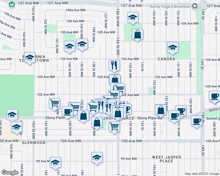 map of restaurants, bars, coffee shops, grocery stores, and more near 10213 157 Street Northwest in Edmonton