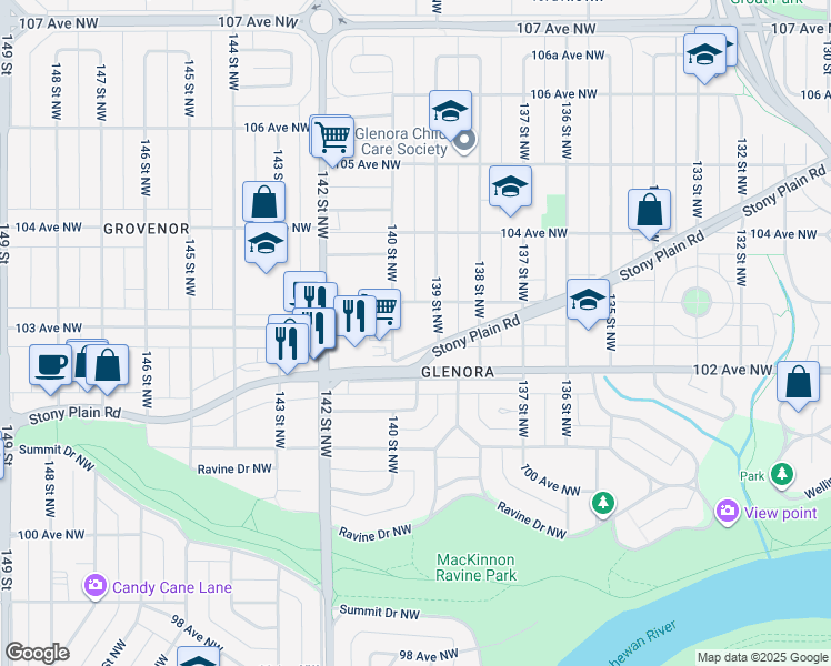 map of restaurants, bars, coffee shops, grocery stores, and more near in Edmonton