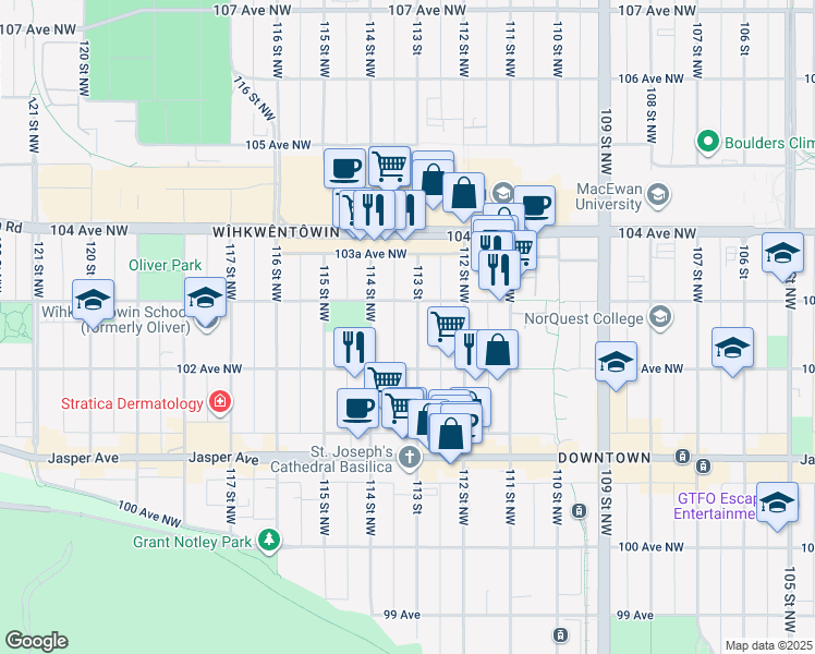 map of restaurants, bars, coffee shops, grocery stores, and more near in Edmonton