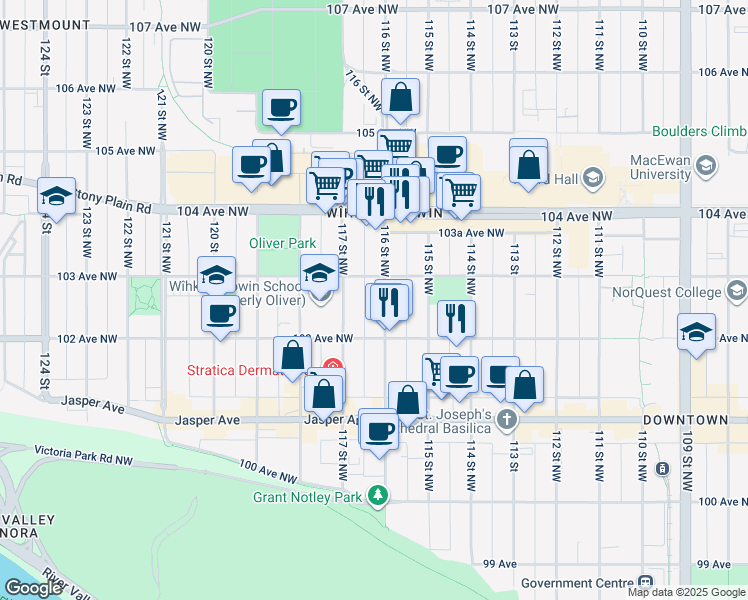map of restaurants, bars, coffee shops, grocery stores, and more near 10250 116 Street Northwest in Edmonton