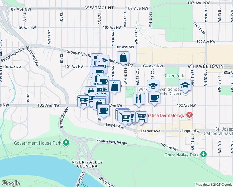 map of restaurants, bars, coffee shops, grocery stores, and more near 10235 123 Street Northwest in Edmonton