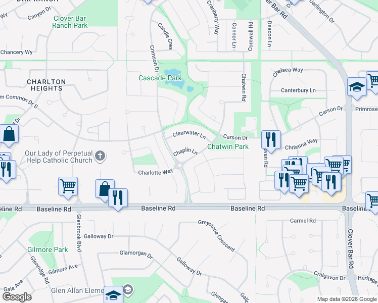 map of restaurants, bars, coffee shops, grocery stores, and more near 300 Chaplin Lane in Sherwood Park