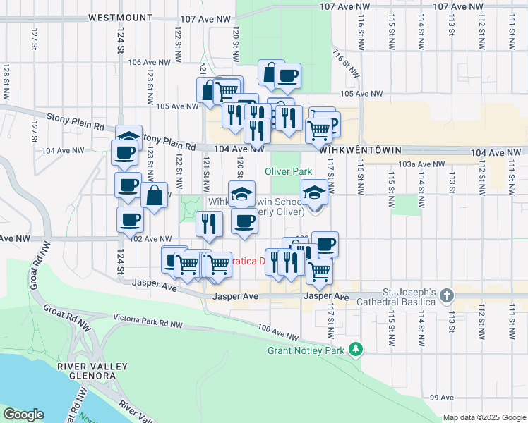 map of restaurants, bars, coffee shops, grocery stores, and more near 10244 119 Street Northwest in Edmonton