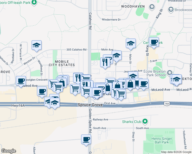 map of restaurants, bars, coffee shops, grocery stores, and more near 110 Jespersen Avenue in Spruce Grove
