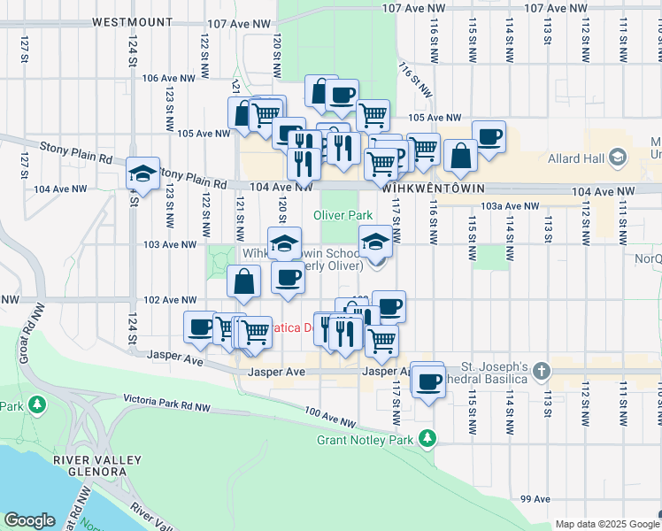 map of restaurants, bars, coffee shops, grocery stores, and more near 10235 119 Street Northwest in Edmonton