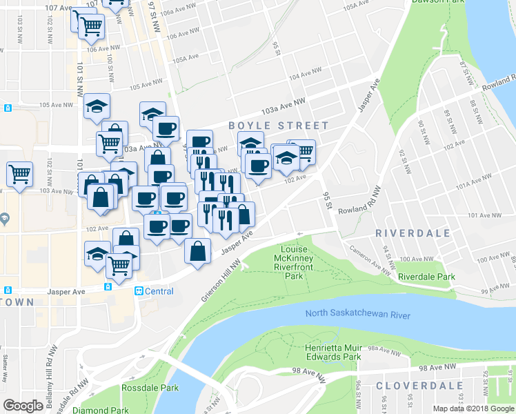 map of restaurants, bars, coffee shops, grocery stores, and more near 10146 96 Street in Edmonton