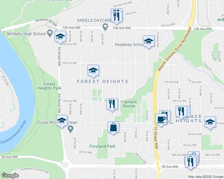 map of restaurants, bars, coffee shops, grocery stores, and more near 10228 79 Street Northwest in Edmonton