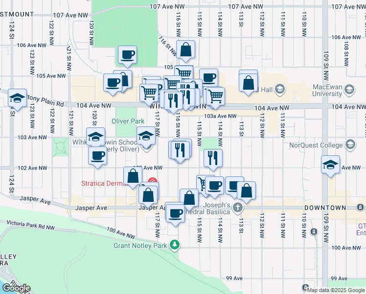 map of restaurants, bars, coffee shops, grocery stores, and more near 10250 116 Street Northwest in Edmonton
