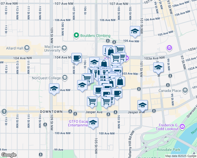 map of restaurants, bars, coffee shops, grocery stores, and more near 10245 105 Street Northwest in Edmonton