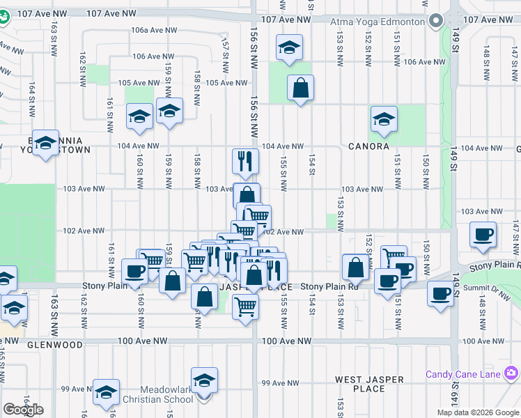 map of restaurants, bars, coffee shops, grocery stores, and more near 10225 156 Street Northwest in Edmonton