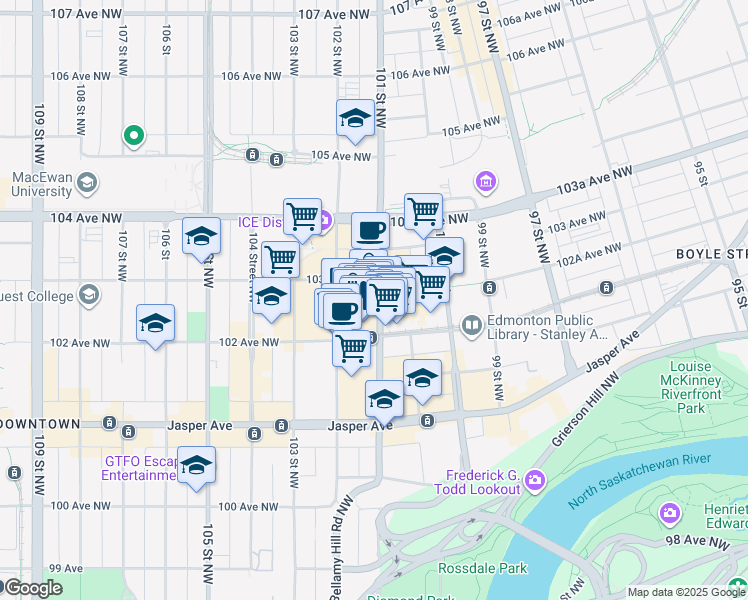 map of restaurants, bars, coffee shops, grocery stores, and more near 10250 101 Street Northwest in Edmonton