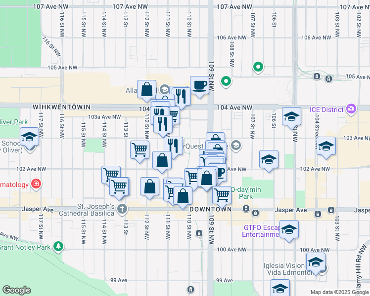 map of restaurants, bars, coffee shops, grocery stores, and more near 10235 111 Street Northwest in Edmonton