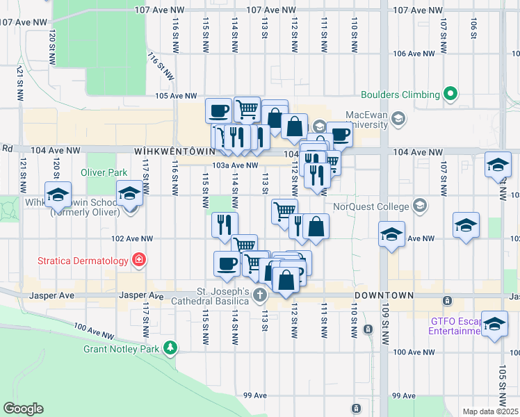 map of restaurants, bars, coffee shops, grocery stores, and more near 10250 113 Street Northwest in Edmonton