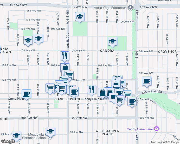 map of restaurants, bars, coffee shops, grocery stores, and more near 10219 154 Street in Edmonton