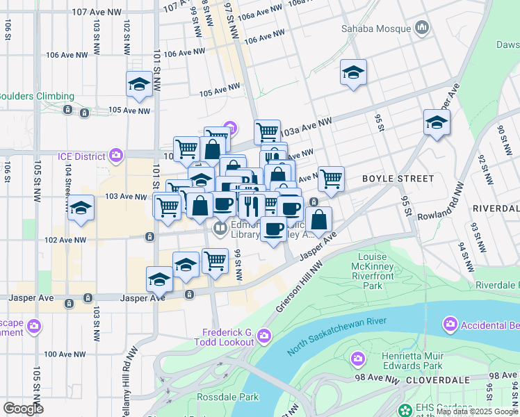 map of restaurants, bars, coffee shops, grocery stores, and more near 10210 97 Street Northwest in Edmonton