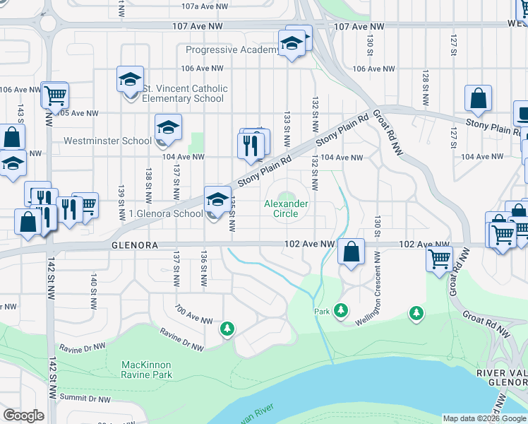 map of restaurants, bars, coffee shops, grocery stores, and more near 10230 134 Street Northwest in Edmonton