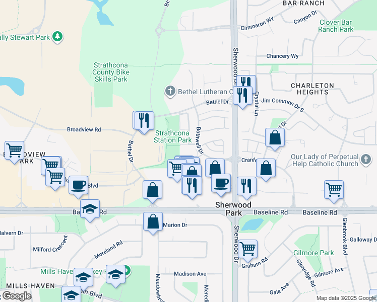 map of restaurants, bars, coffee shops, grocery stores, and more near 501 Bothwell Drive in Sherwood Park