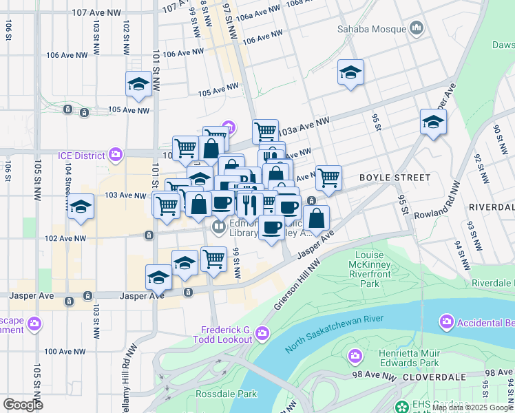 map of restaurants, bars, coffee shops, grocery stores, and more near 10210 97 Street Northwest in Edmonton
