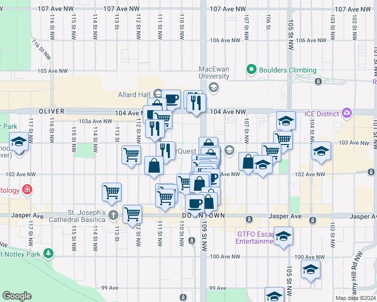 map of restaurants, bars, coffee shops, grocery stores, and more near in Edmonton