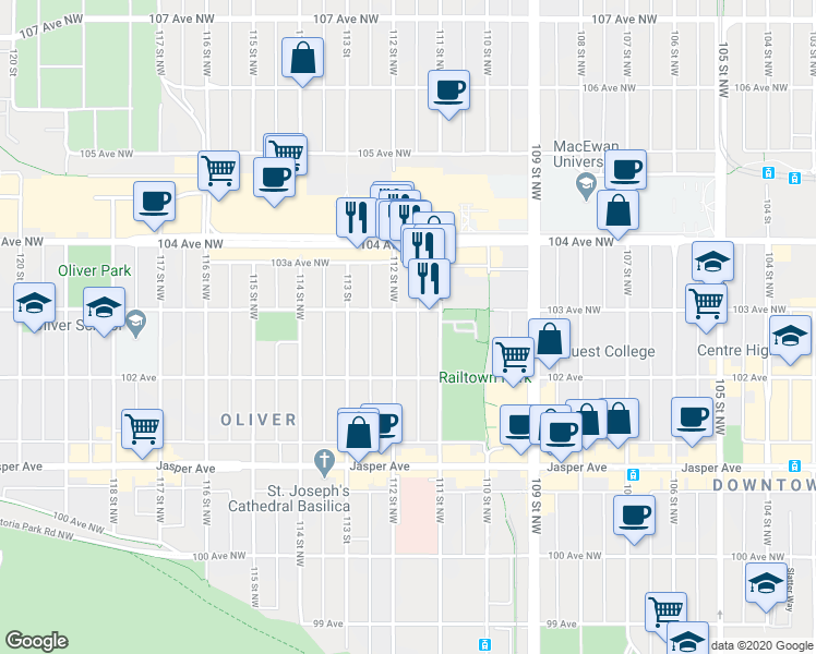 map of restaurants, bars, coffee shops, grocery stores, and more near 10242 112 Street Northwest in Edmonton