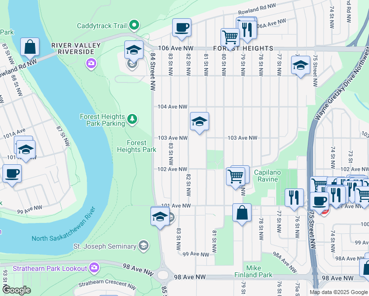 map of restaurants, bars, coffee shops, grocery stores, and more near 10232 82 Street Northwest in Edmonton
