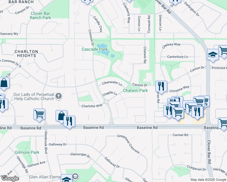 map of restaurants, bars, coffee shops, grocery stores, and more near 300 Chaplin Lane in Sherwood Park