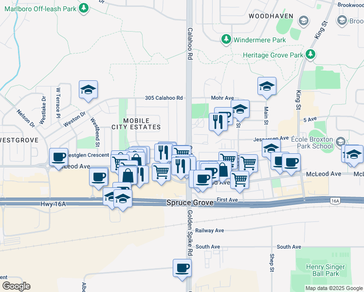 map of restaurants, bars, coffee shops, grocery stores, and more near 305 Calahoo Road in Spruce Grove