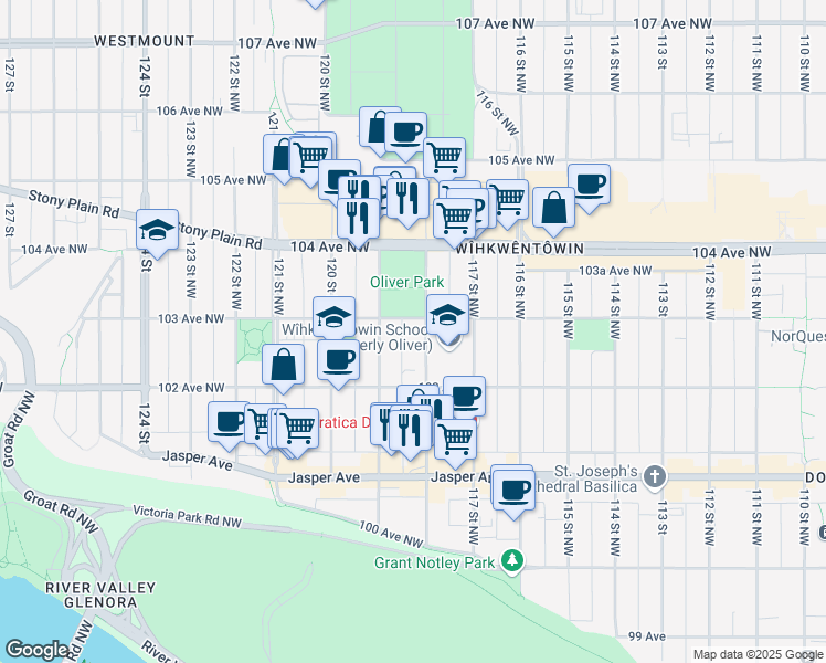map of restaurants, bars, coffee shops, grocery stores, and more near 10235 119 Street Northwest in Edmonton