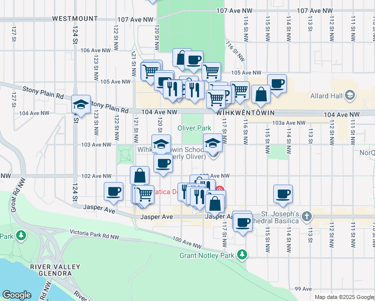 map of restaurants, bars, coffee shops, grocery stores, and more near 10235 119 Street Northwest in Edmonton