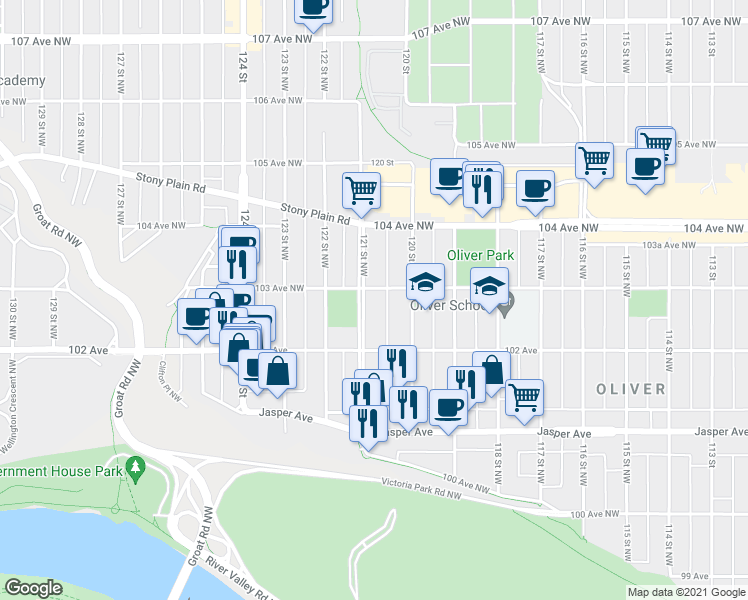 map of restaurants, bars, coffee shops, grocery stores, and more near 10231 121 Street Northwest in Edmonton