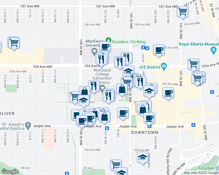 map of restaurants, bars, coffee shops, grocery stores, and more near 10243 107 Street Northwest in Edmonton