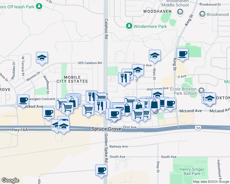 map of restaurants, bars, coffee shops, grocery stores, and more near 110 Jespersen Avenue in Spruce Grove
