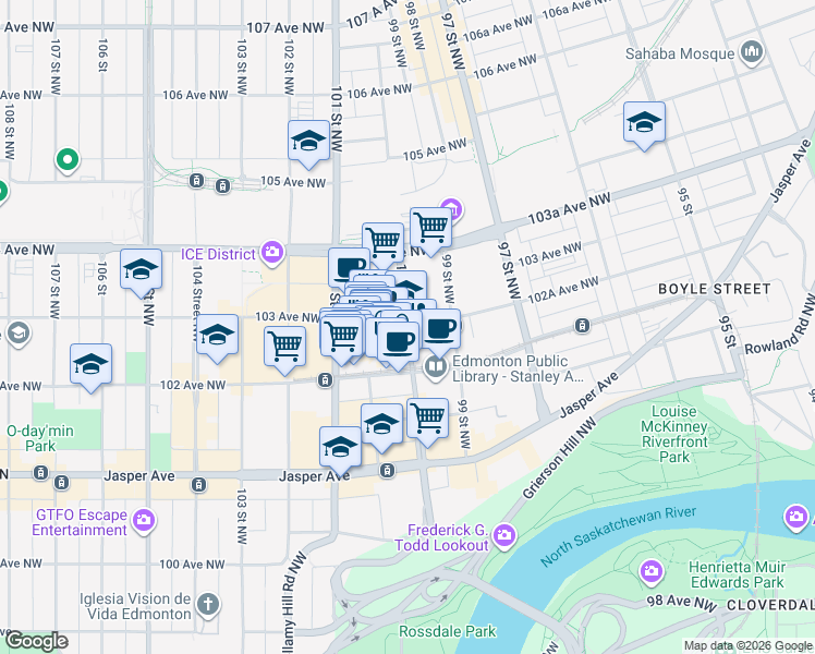 map of restaurants, bars, coffee shops, grocery stores, and more near 15 Sir Winston Churchill Square Northwest in Edmonton