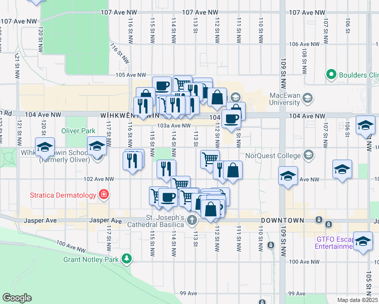 map of restaurants, bars, coffee shops, grocery stores, and more near 10235 114 Street Northwest in Edmonton
