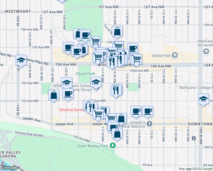map of restaurants, bars, coffee shops, grocery stores, and more near 10249 117 Street Northwest in Edmonton