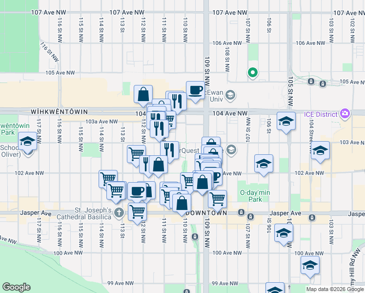 map of restaurants, bars, coffee shops, grocery stores, and more near 10235 111 Street Northwest in Edmonton