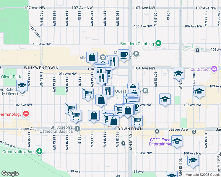 map of restaurants, bars, coffee shops, grocery stores, and more near 10235 111 Street Northwest in Edmonton
