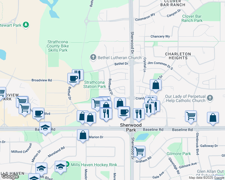 map of restaurants, bars, coffee shops, grocery stores, and more near 501 Bothwell Drive in Sherwood Park