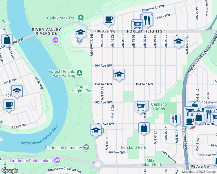 map of restaurants, bars, coffee shops, grocery stores, and more near 10242 82 Street Northwest in Edmonton