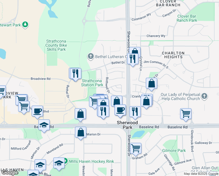 map of restaurants, bars, coffee shops, grocery stores, and more near 501 Bothwell Drive in Sherwood Park