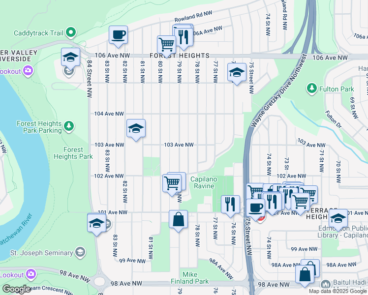 map of restaurants, bars, coffee shops, grocery stores, and more near 10228 79 Street Northwest in Edmonton