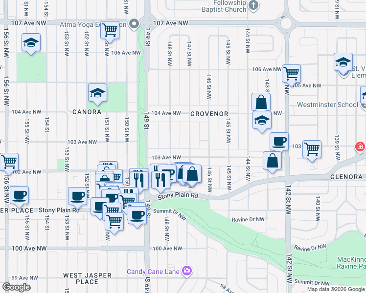 map of restaurants, bars, coffee shops, grocery stores, and more near 14721 103 Avenue Northwest in Edmonton