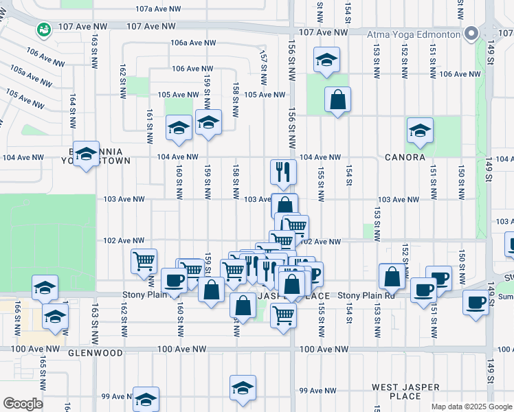 map of restaurants, bars, coffee shops, grocery stores, and more near 10213 157 Street Northwest in Edmonton